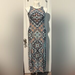 NEW London Times Navy Blue and Orange Sleeveless Maxi Dress